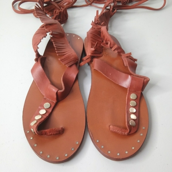 Zara Trafaluc Women's Leather Stud Detail Gladiator Fringe Strappy Flat Sandals - Picture 3 of 11